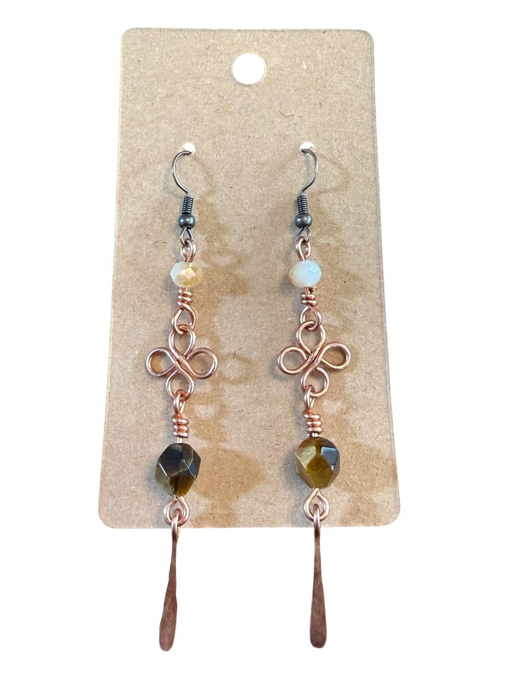 Copper Wire Loop Earrings Faceted Glass & Tigers Eye Beads Red Copper Ear Wires
